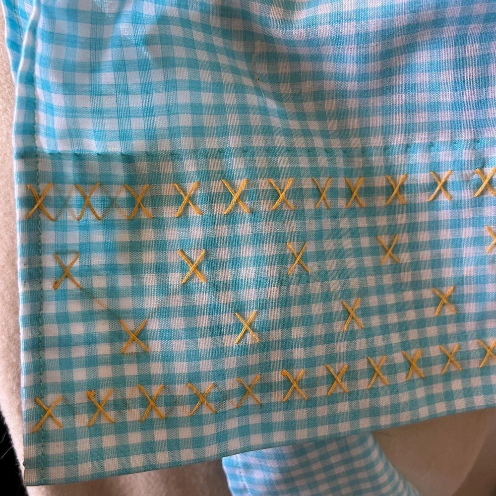Vintage 70s handmade apron Blue‎ Gingham Retro Cottagecore smocking hostess
